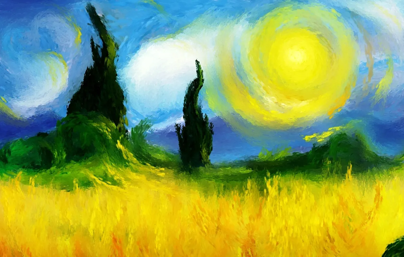 Фото обои картина, арт, солнечный день, звездная ночь, Ван Гог, по мотивам