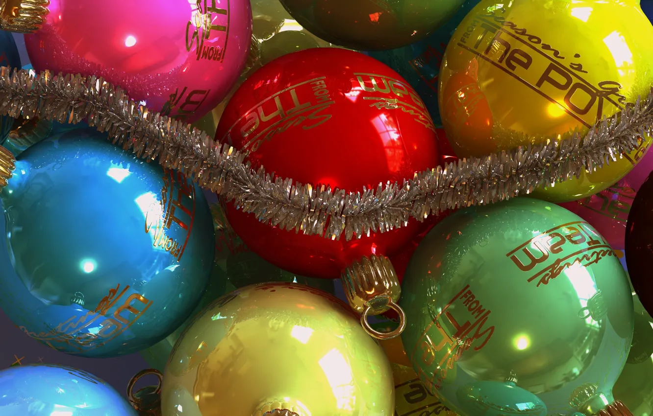 Фото обои шарики, блеск, новый год, рождество, гирлянда