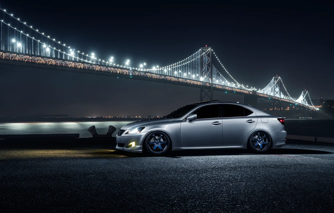 Фото обои Lexus, Car, Front, Bridge, Night, Silver