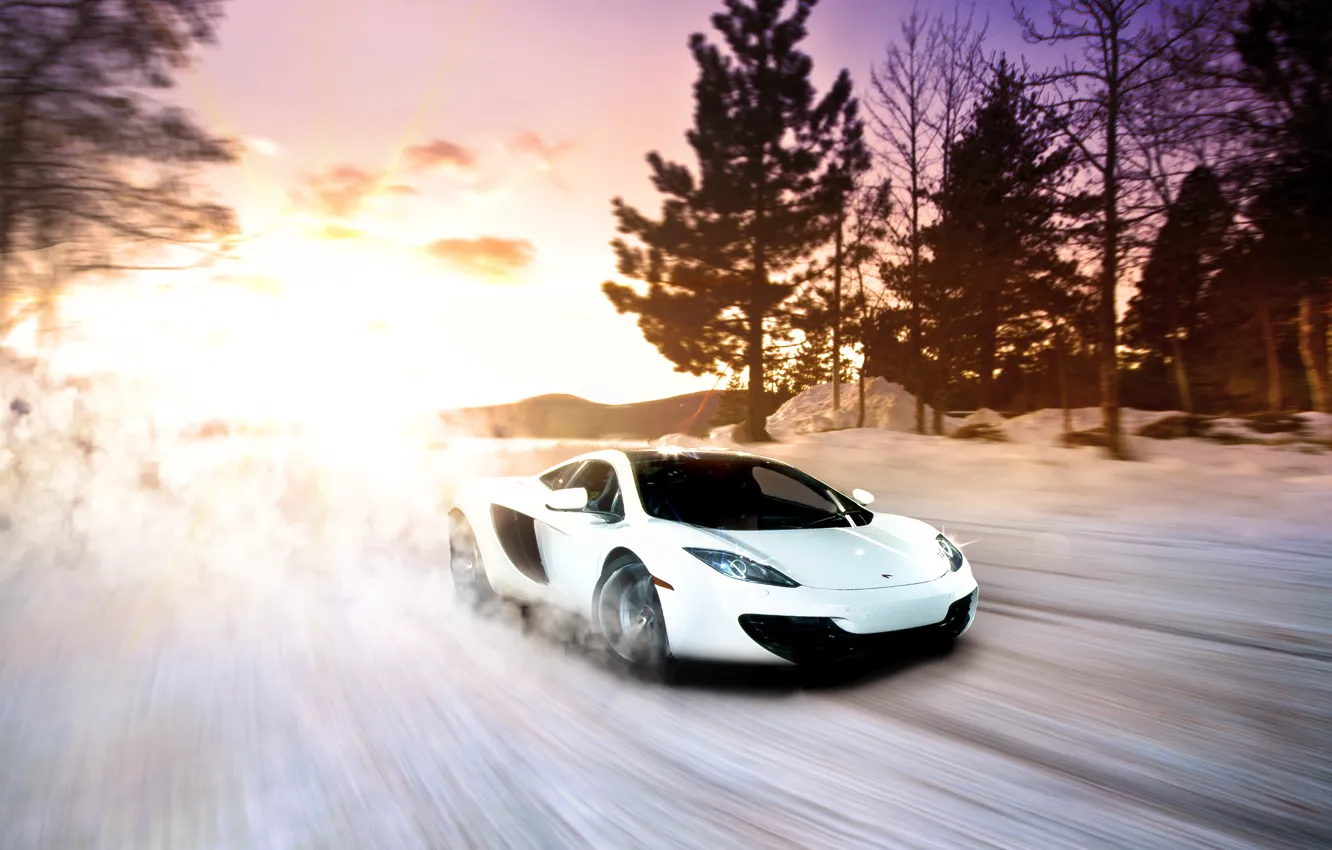 Фото обои McLaren, Winter, Sunset, MP4-12C, Snow, White, exotic, Supercar, fast, sportscar