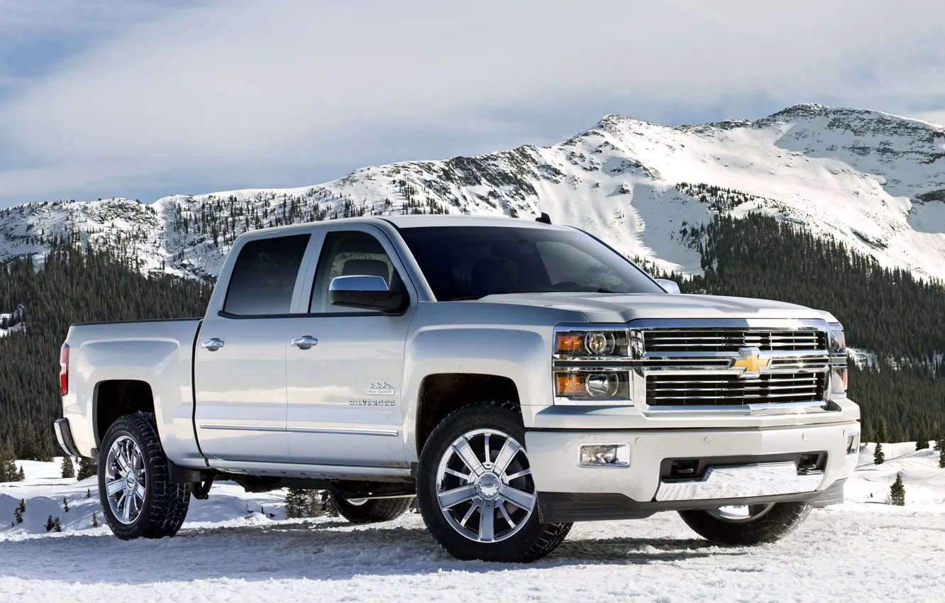 Фото обои машина, снег, горы, Chevrolet, джип, пикап, Crew Cab, Silverado, High Country