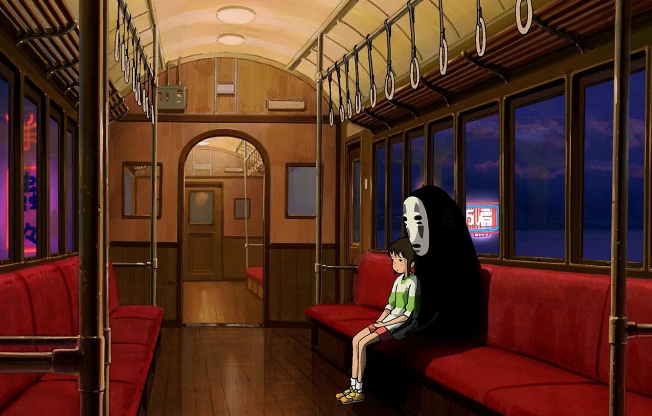 Фото обои anime, cartoon, movie, train, interior, Hayao Miyazaki, film, Spirited Away, Studio Ghibli, seats, Chihiro
