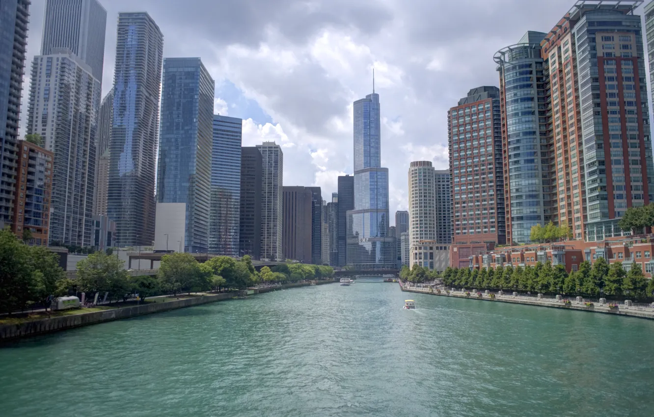 Фото обои вода, город, река, небоскребы, Чикаго, Chicago