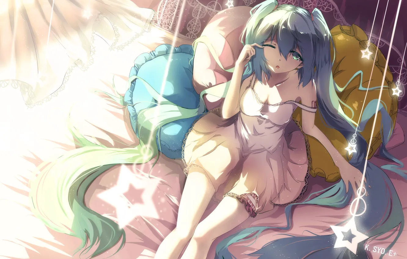 Фото обои звезды, кровать, подушки, аниме, арт, hatsune miku, kuroi asahi