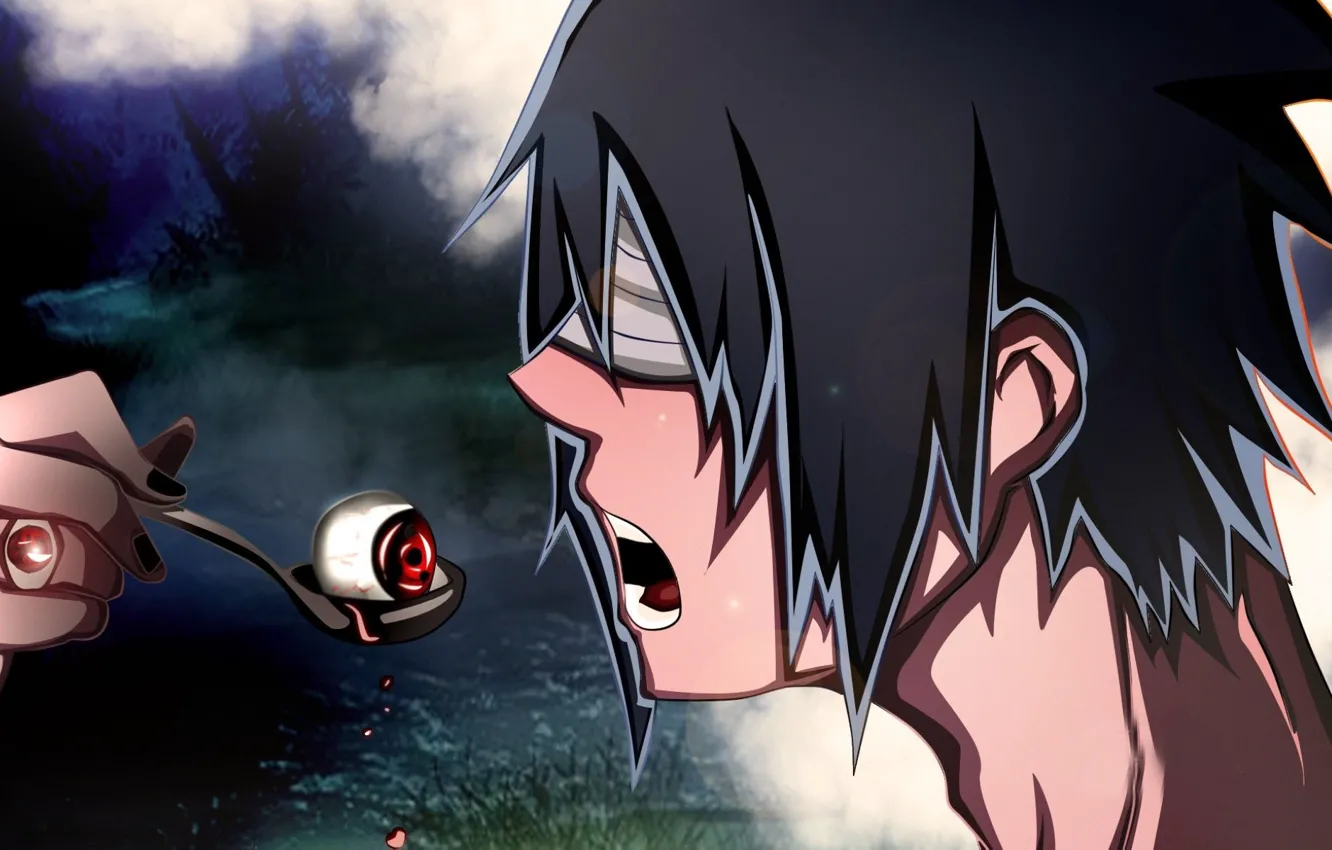 Фото обои глаз, страх, кровь, боль, Саске, Sasuke, Наруто, naruto, бинты, sharingan