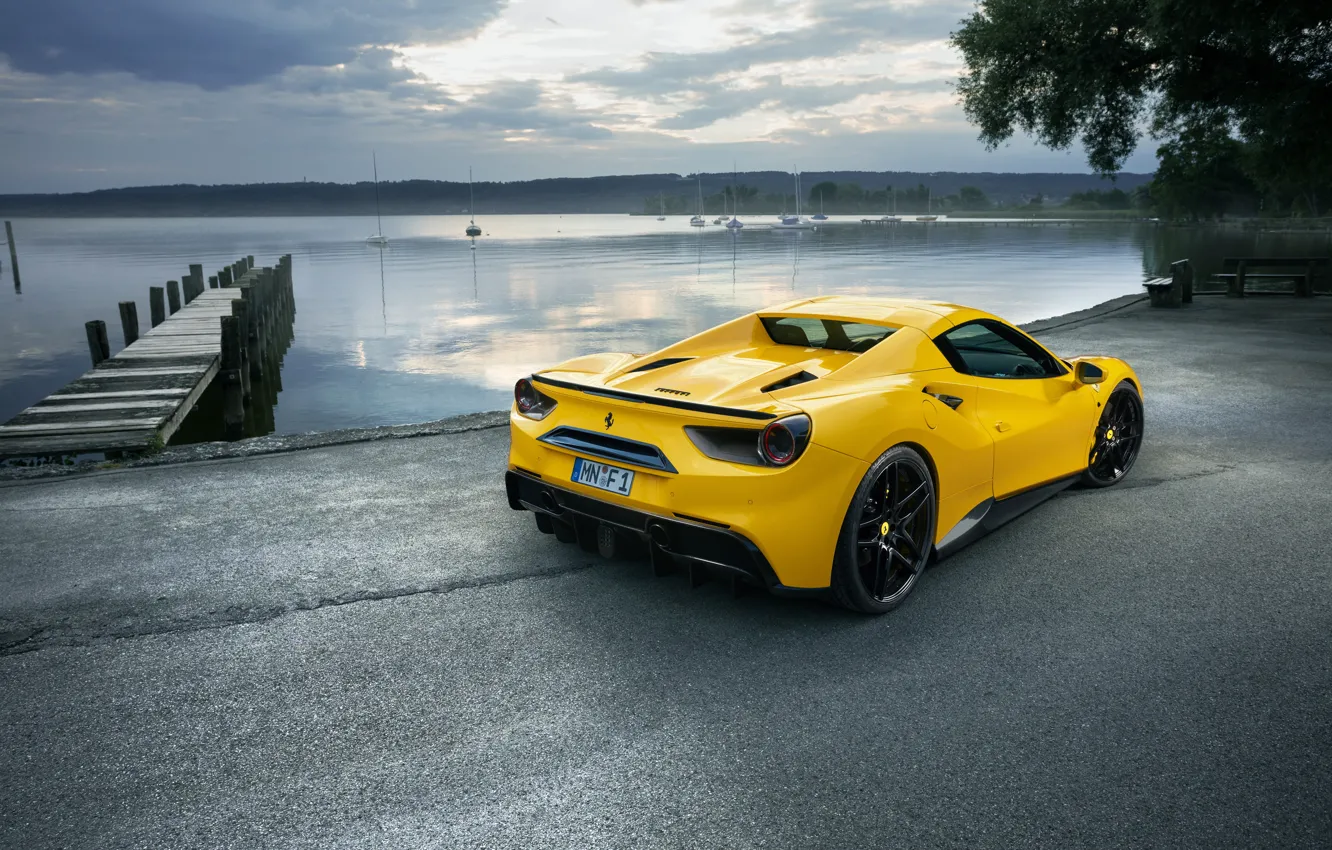 Фото обои car, небо, желтый, причал, Ferrari, автомобиль, yellow, wallpapers, задок, Spider, Rosso, Novitec, 488