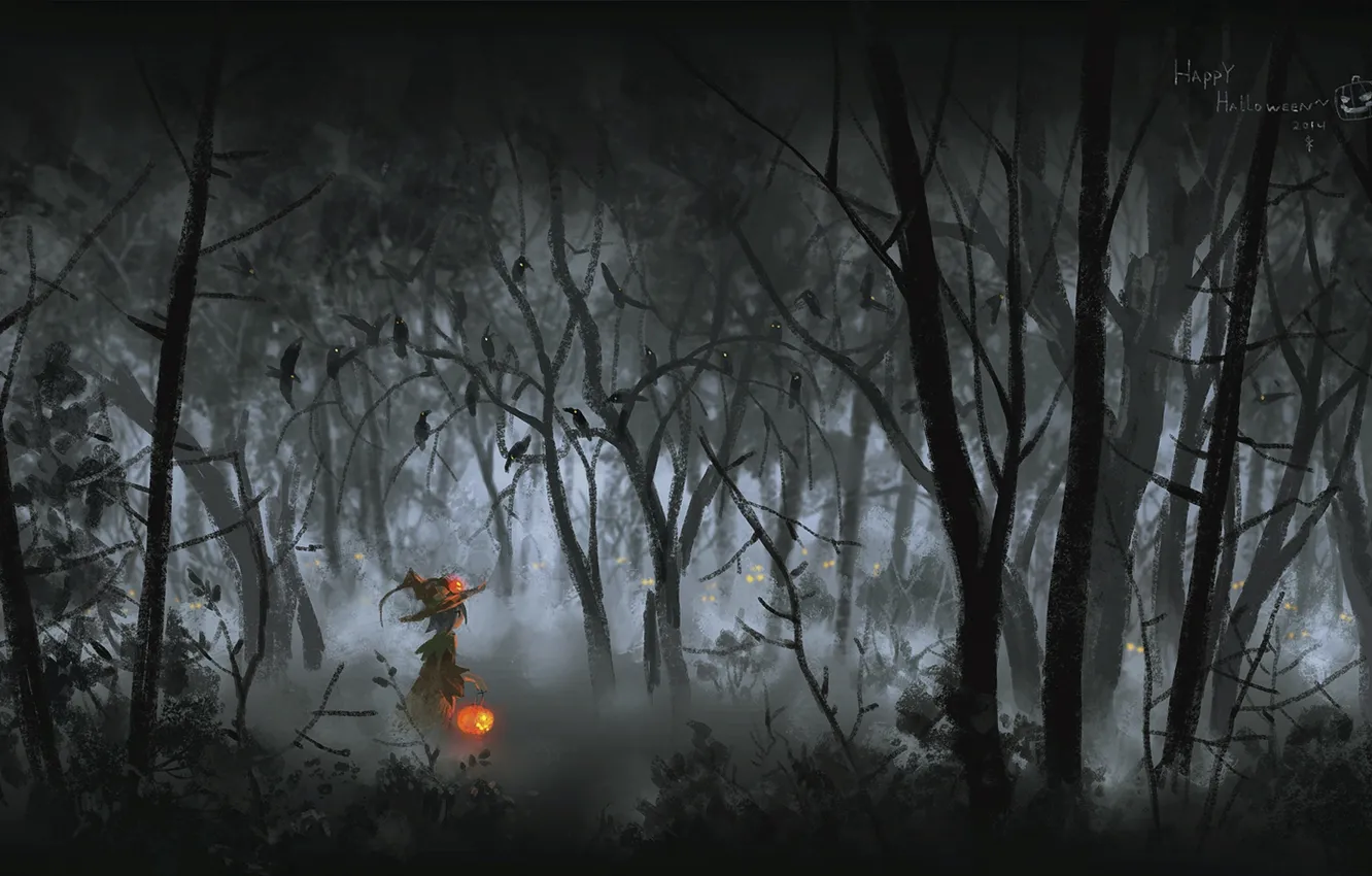 Фото обои лес, девушка, деревья, природа, шляпа, аниме, арт, фонарь, halloween, seeker