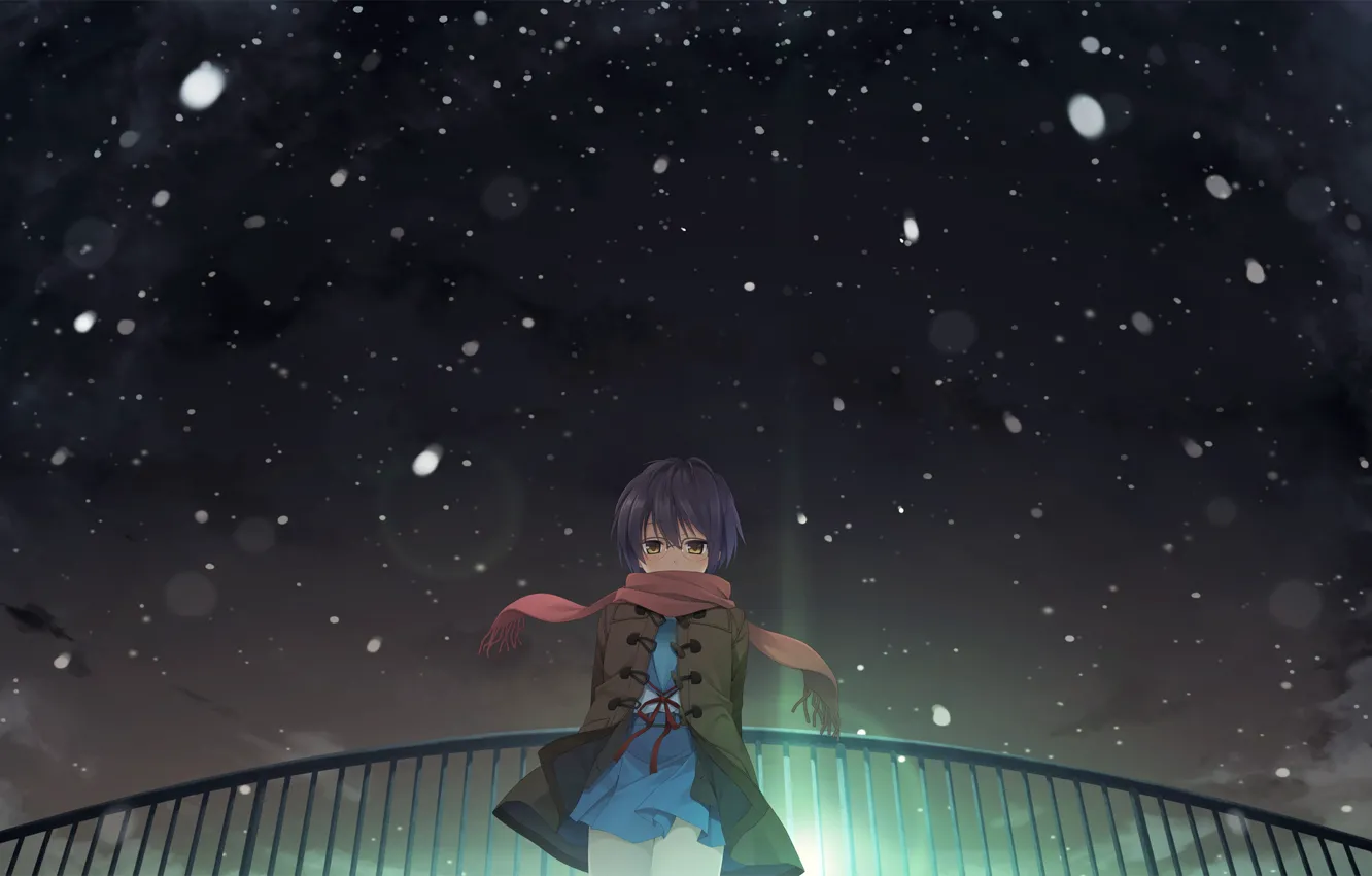 Фото обои девушка, снег, ночь, аниме, арт, The Melancholy of Haruhi Suzumiya, меланхолия харухи судзумии, Suzumiya Haruhi …