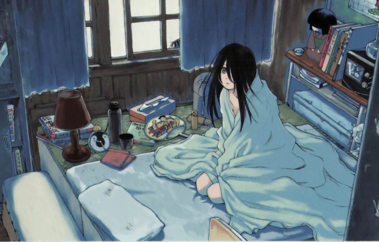 Фото обои комната, часы, книги, лампа, окно, веер, девочка, подушка, одеяло, шкаф, шторы, термос, Sayonara Zetsubou Sensei, …