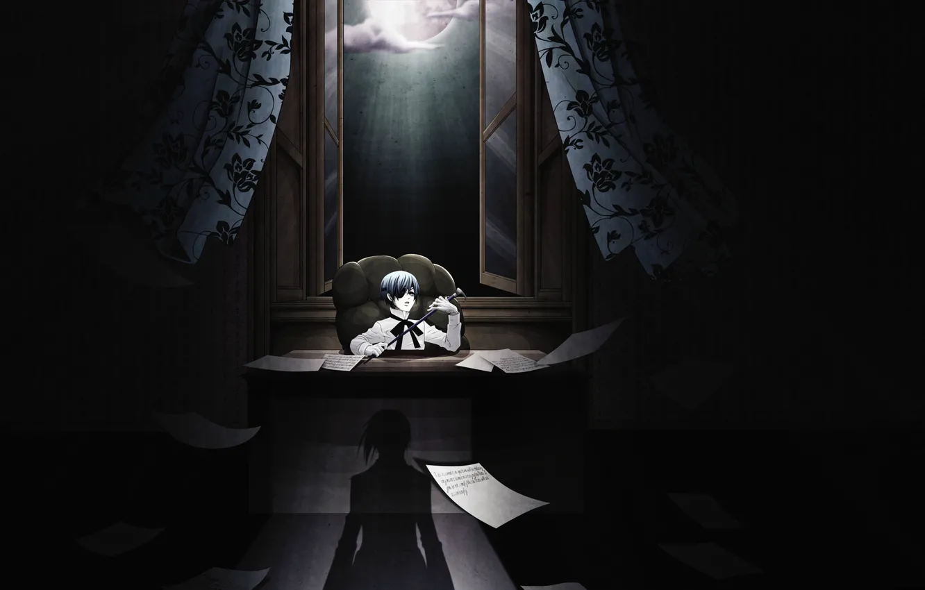 Фото обои ночь, бумага, тень, кресло, мальчик, окно, трость, занавески, полнолуние, кабинет, приказ, Kuroshitsuji, Ciel Phantomhive, открытое