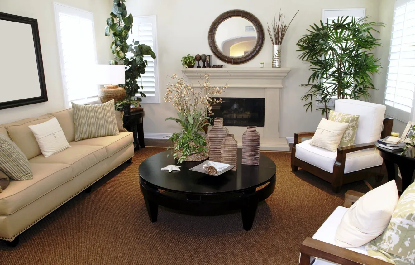 Фото обои дизайн, стиль, стол, комната, диван, черный, интерьер, растения, кресло, зеркало, камин