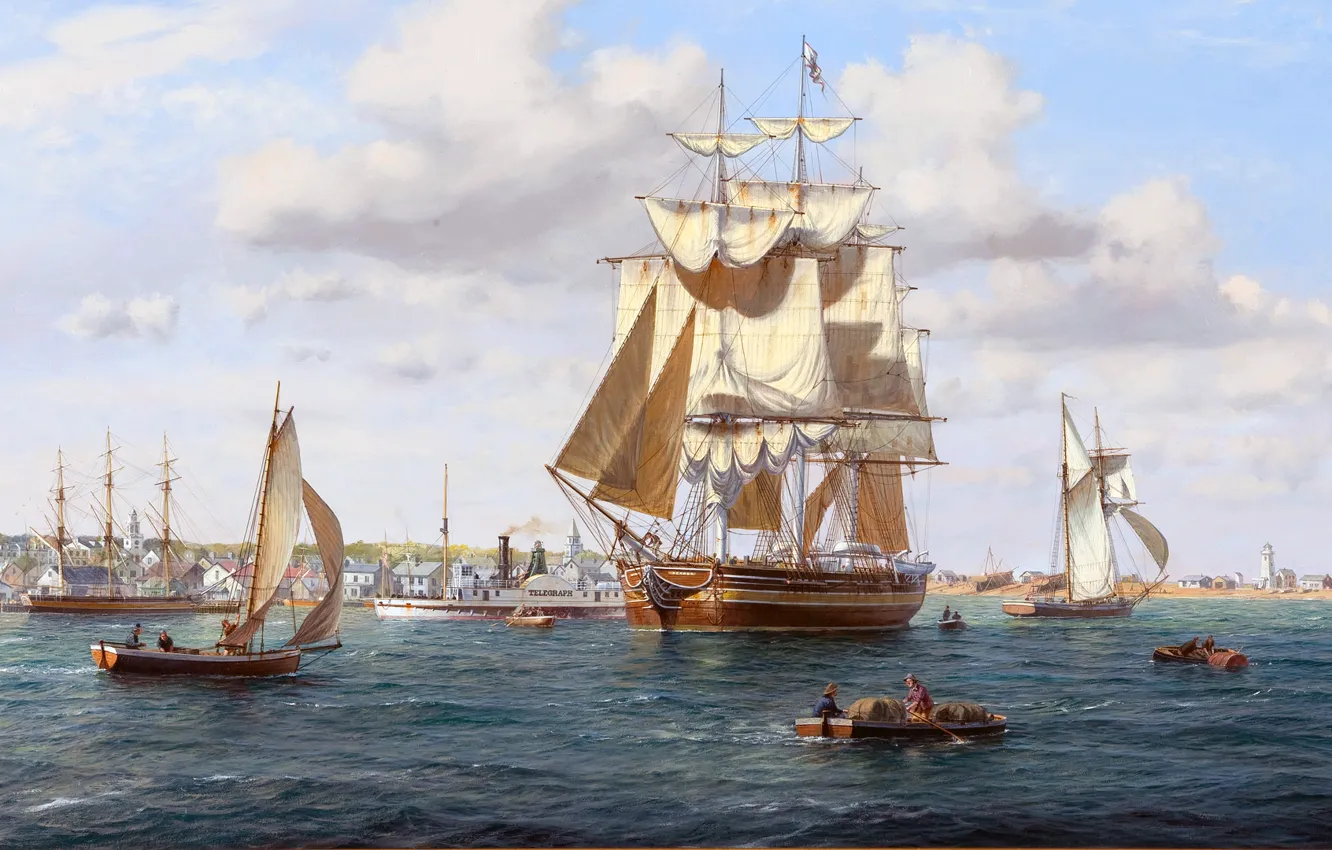 Фото обои море, город, берег, рисунок, пристань, корабли, лодки, арт, порт, пароход