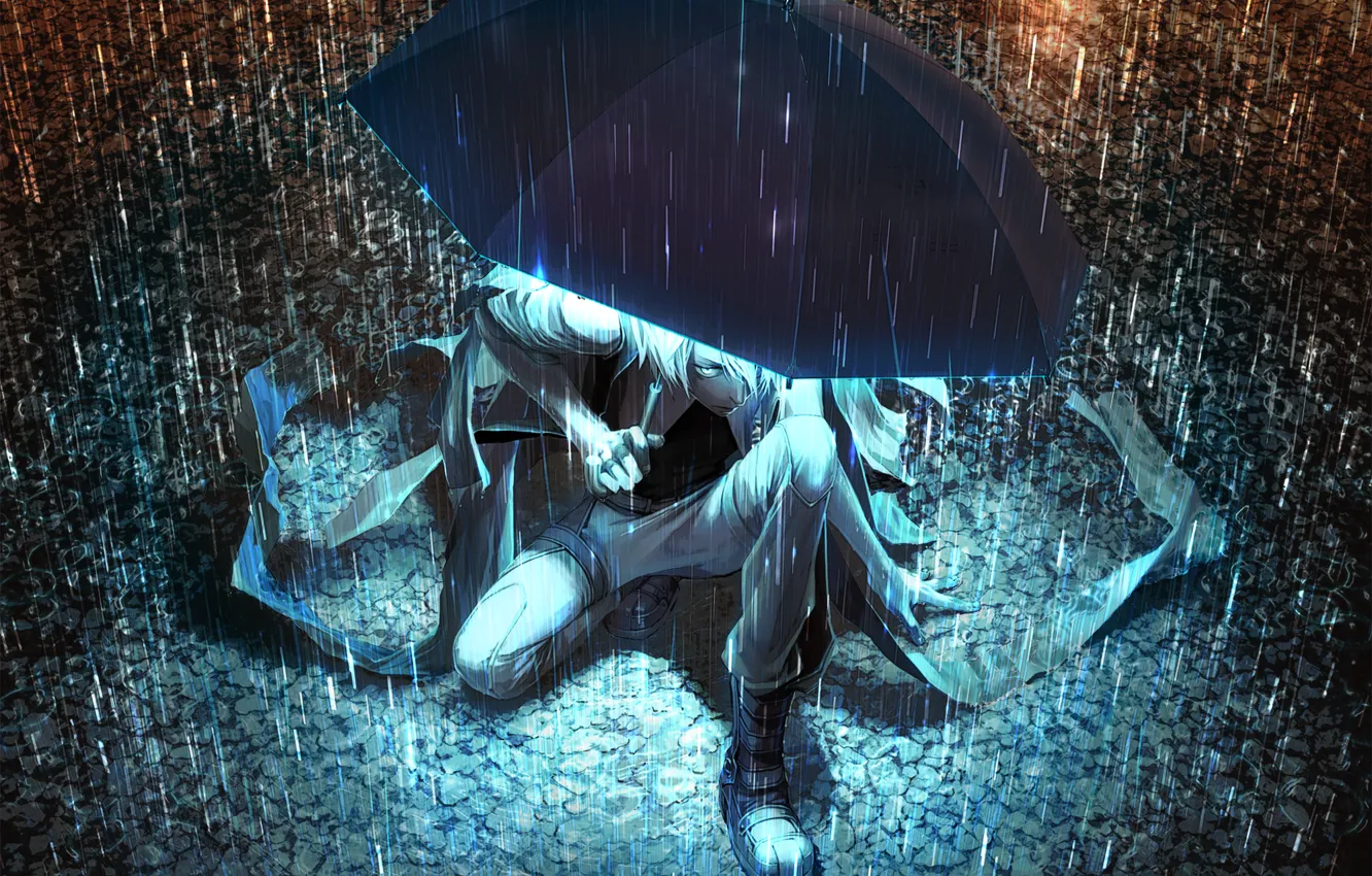 Фото обои свет, ночь, зонтик, дождь, зонт, арт, лужи, парень, Yuanmaru