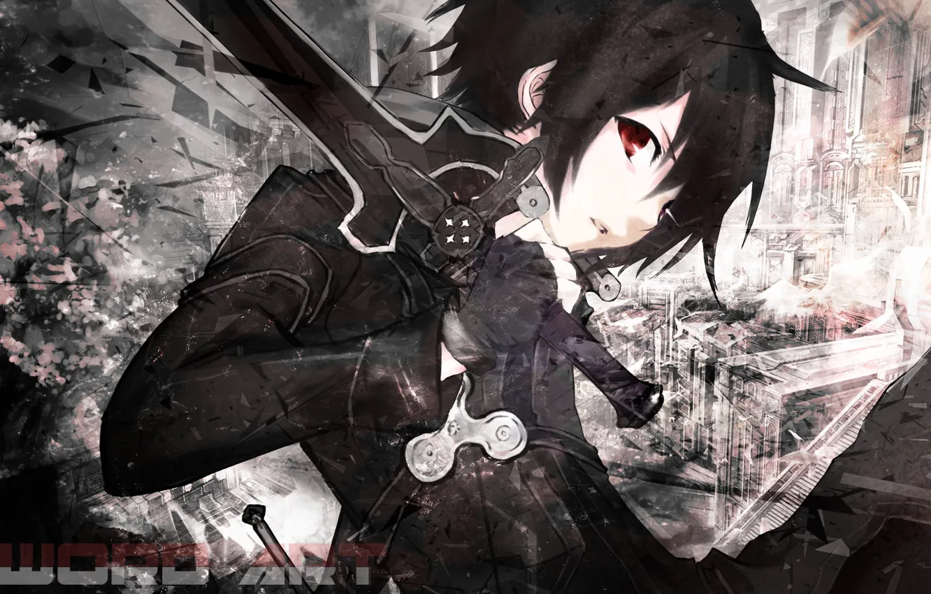 Фото обои взгляд, меч, черные волосы, Sword Art Online, Kirito, черный плащ
