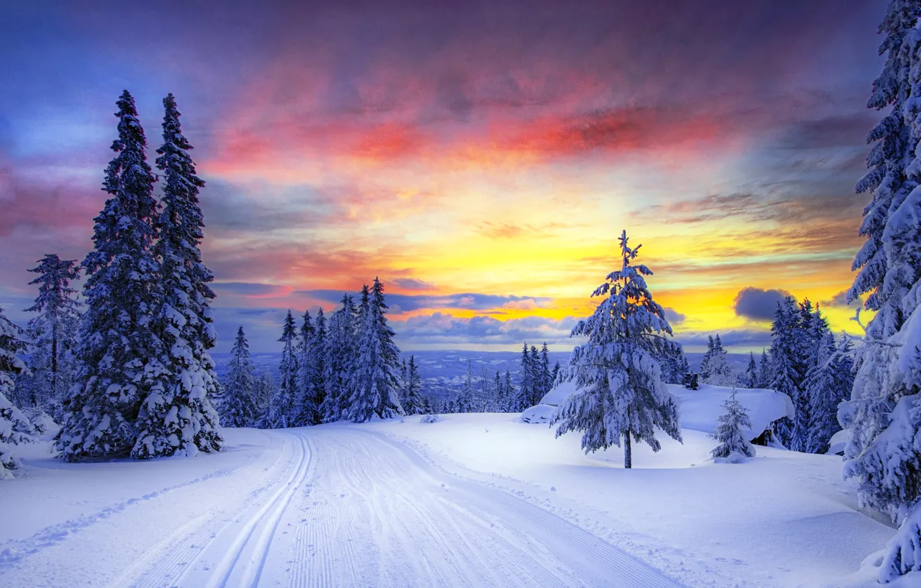 Фото обои зима, дорога, лес, небо, облака, снег, деревья, закат, горы, следы, природа, елки, Норвегия