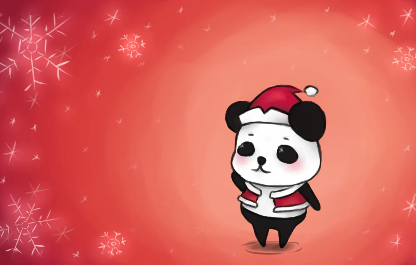 Фото обои снег, снежинки, стиль, рисунок, арт, панда, Новый год, дед мороз, New Year, merry christmas, 2015