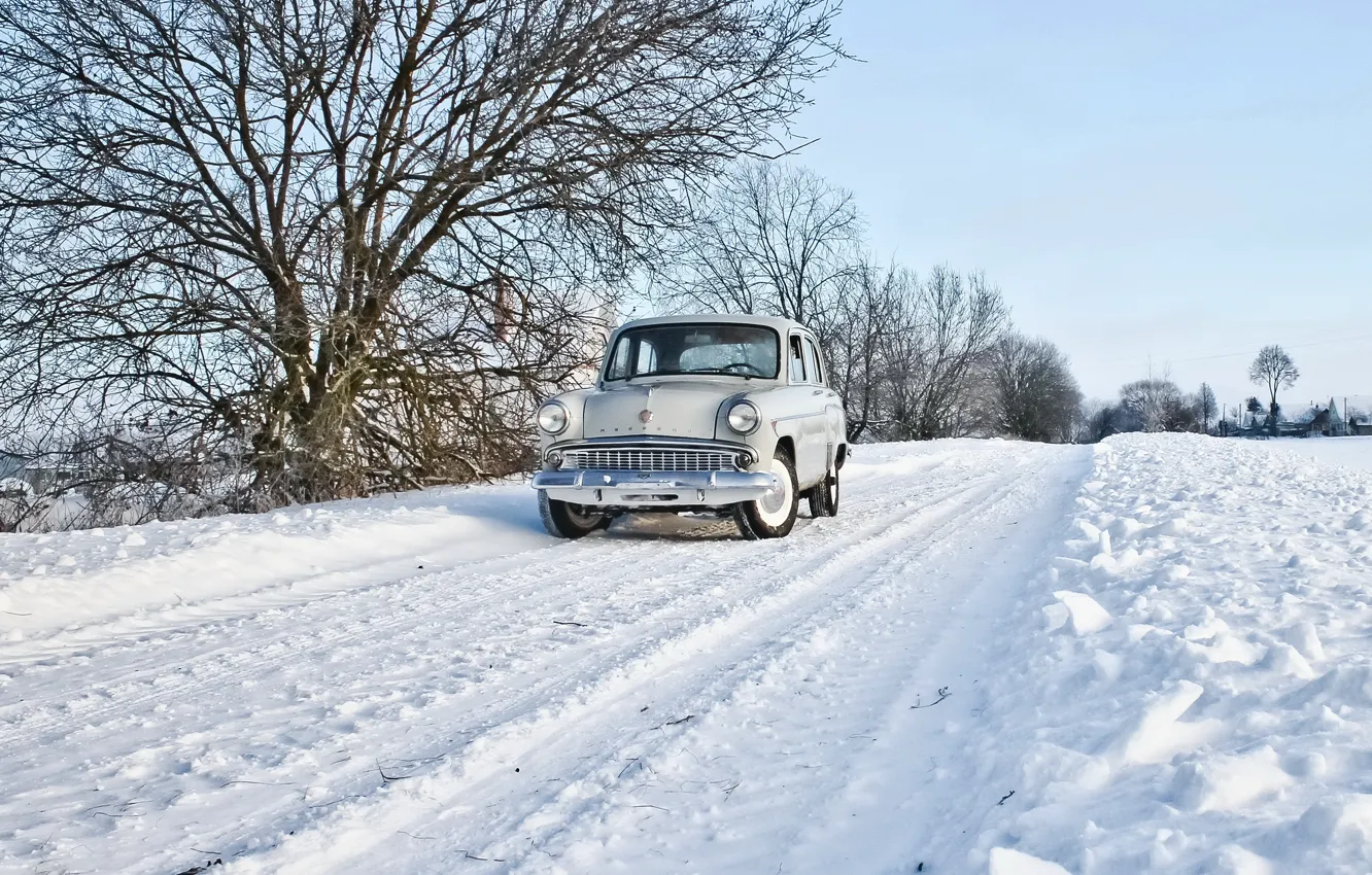 Фото обои зима, дорога, машина, Москвич 407
