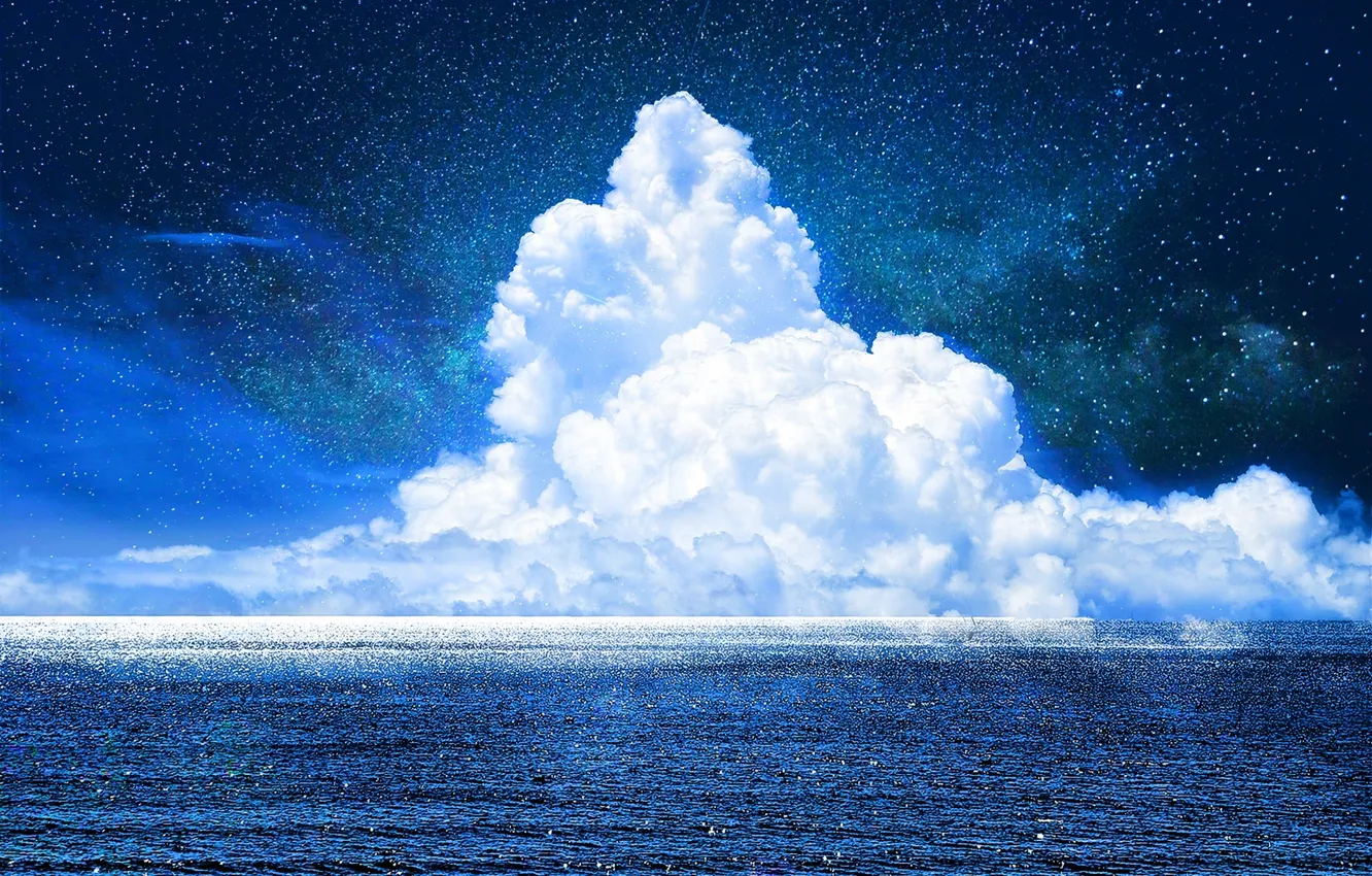 Фото обои небо, звезды, облака, океан, арт, zonomaru