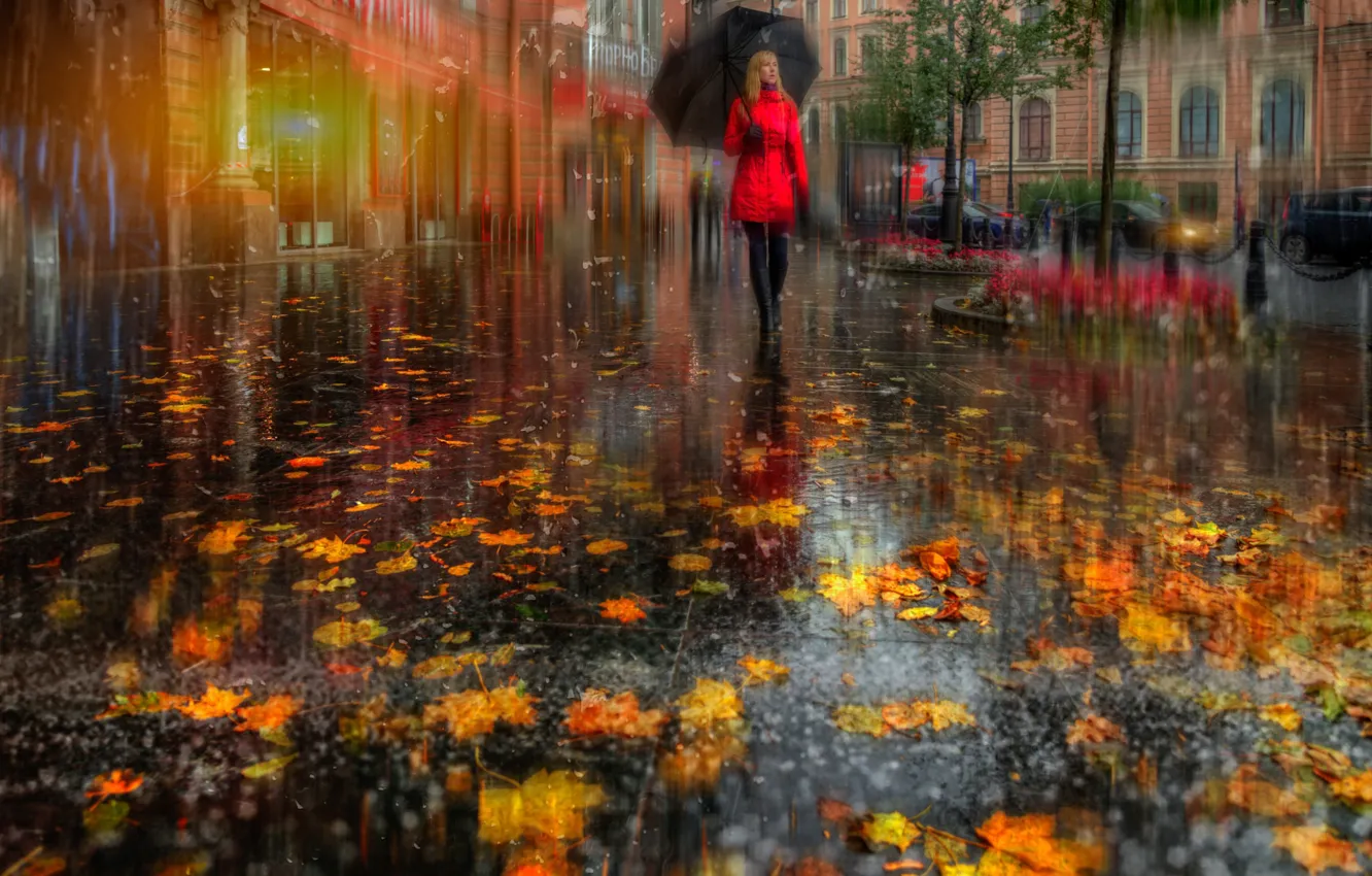 Фото обои осень, девушка, город, улица, листва, зонт, Питер, в красном, Санк-Петербург