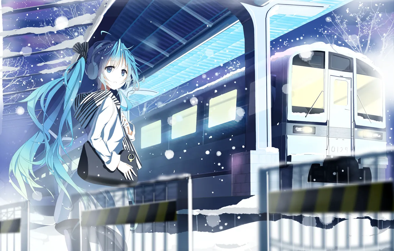 Фото обои зима, девушка, снег, поезд, станция, арт, сумка, vocaloid, hatsune miku, siji