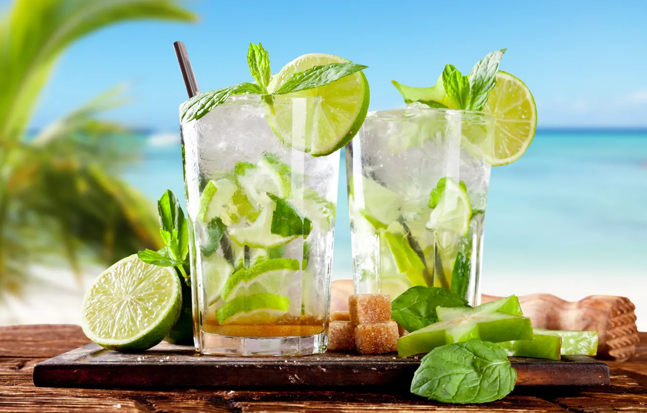 Фото обои пляж, лето, тропики, коктейль, лайм, summer, напиток, beach, мята, drink, cocktail, lime, mint, tropics