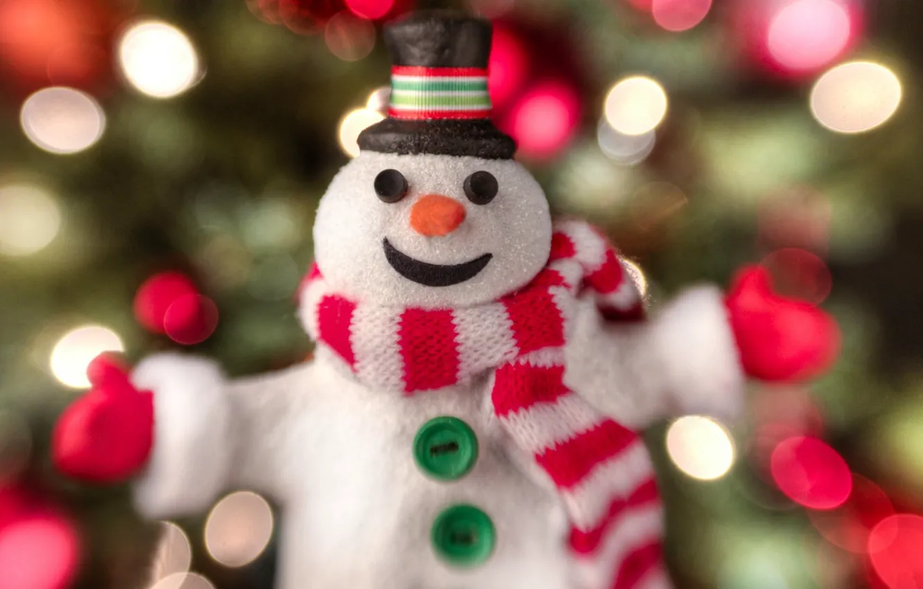Фото обои радость, огни, улыбка, праздник, шапка, игрушка, новый год, шарф, ткань, пуговицы, снеговик, new year
