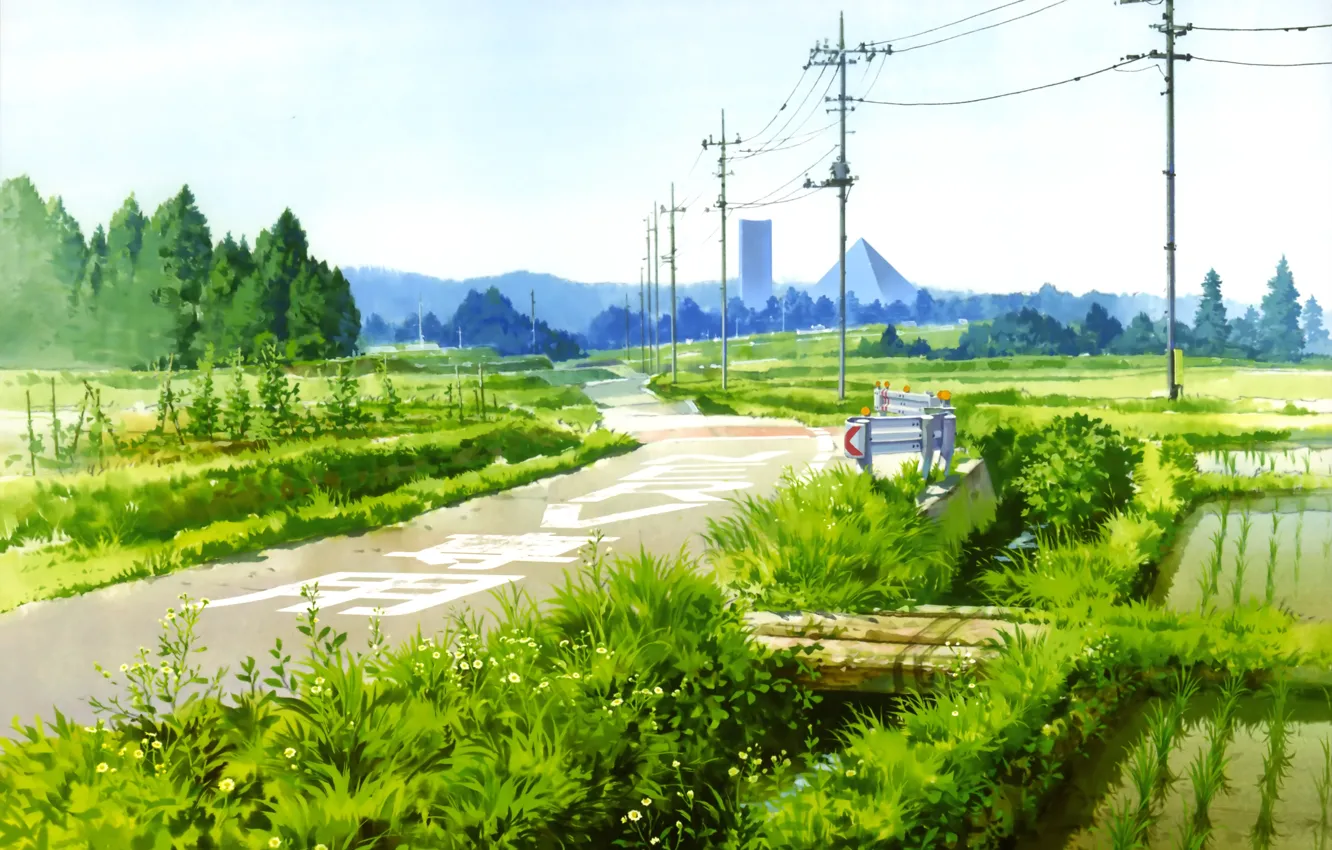 Фото обои дорога, небо, трава, ручей, столбы, провода, Япония, пирамида, мостик, Neon Genesis Evangelion, рисовые поля, Hirochi …