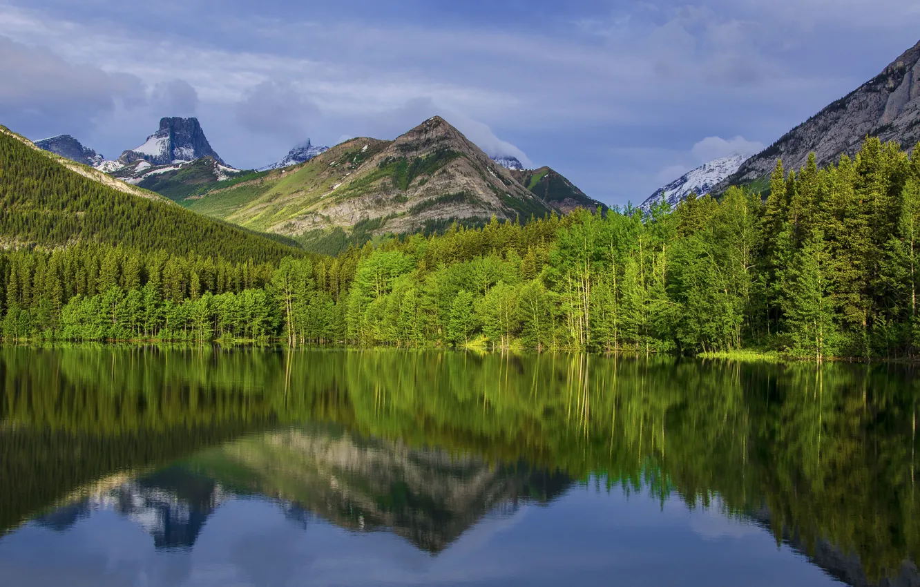 Фото обои небо, облака, деревья, горы, озеро, отражение, Канада, Альберта, Калгари, Национальный Парк