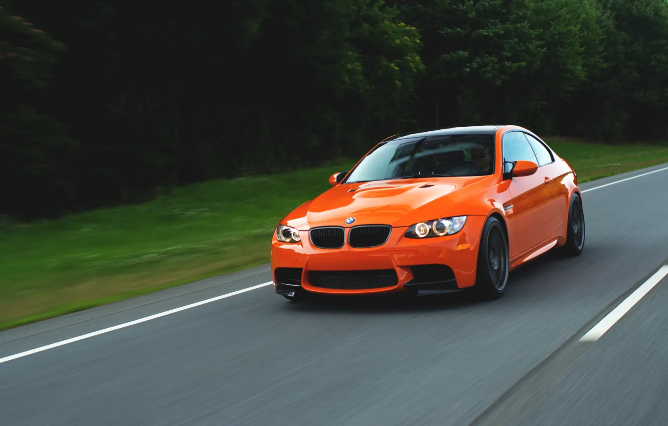 Фото обои дорога, деревья, оранжевый, скорость, BMW, БМВ, road, speed, orange, e92