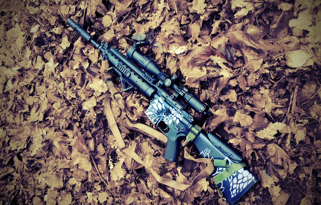 Фото обои осень, листья, снайпер, винтовка, rifle, страйкбол, airsoft, m16spr