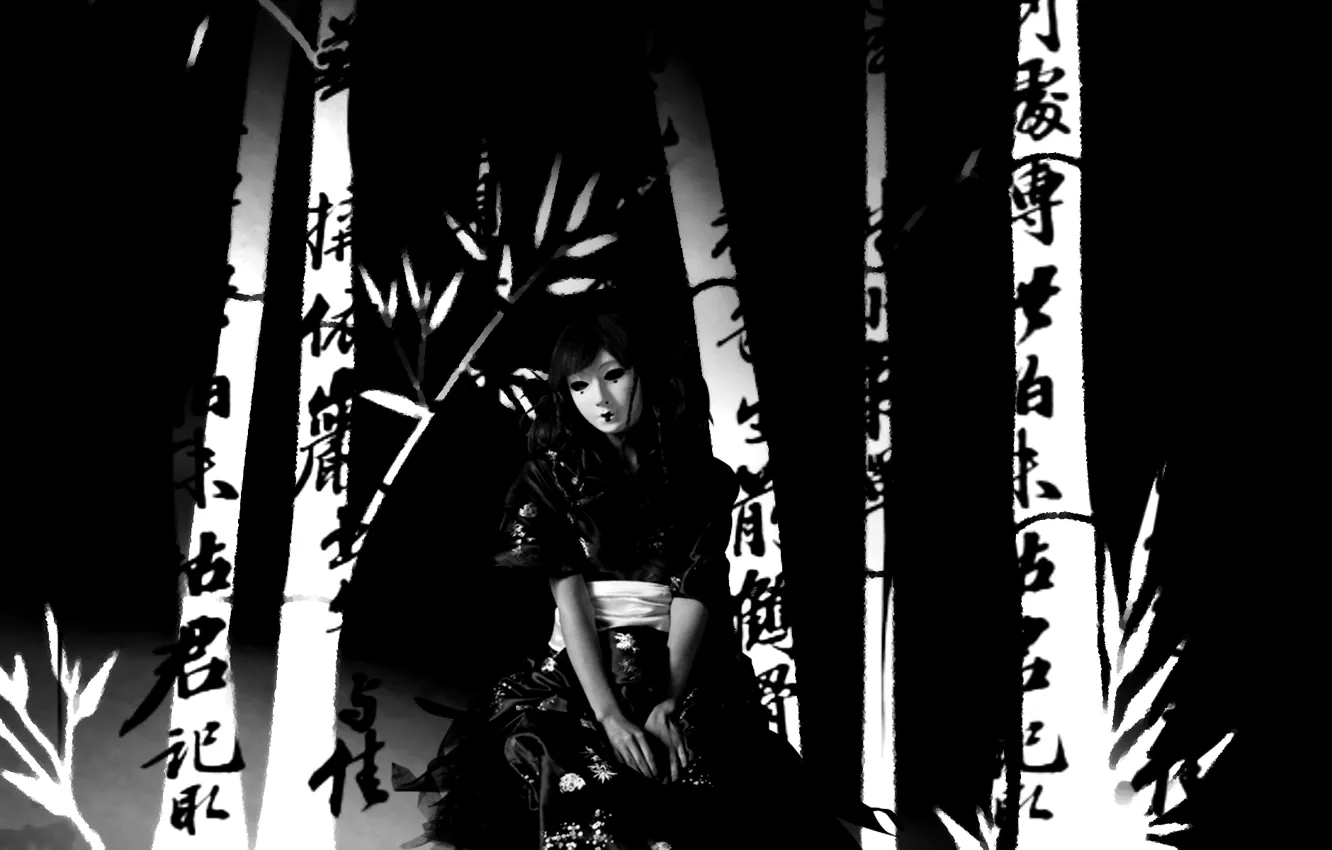 Фото обои одиночество, японка, черно-белая, маска, иероглифы, каллиграфия, Japan, Cosplay