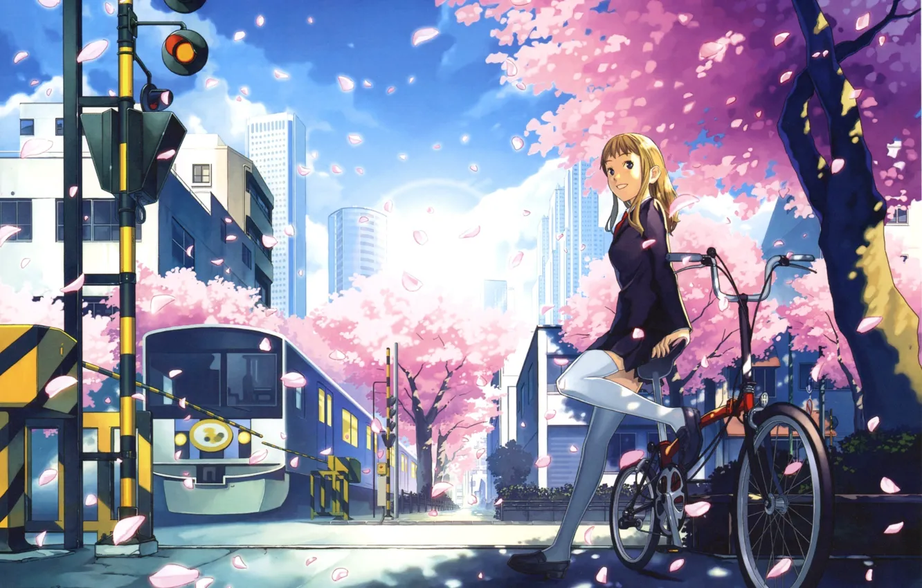 Фото обои девушка, велосипед, город, аниме, лепестки, сакура, железная дорога, пять сантиметров в секунду