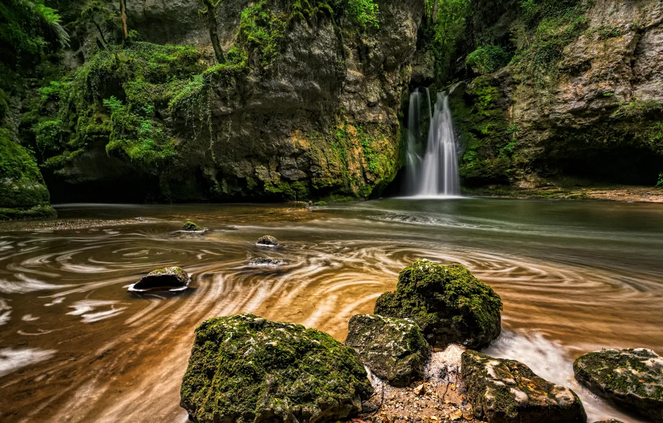 Фото обои скала, ручей, камни, водопад, мох, Швейцария, La Tine de Conflens