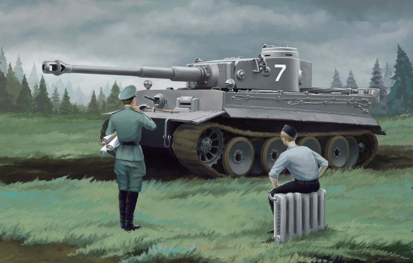Фото обои рисунок, Тигр, солдат, танк, Арт, радиатор, Tiger, офицер, танкист, немецкий, Вторая Мировая война, тяжёлый, Panzerkampfwagen …
