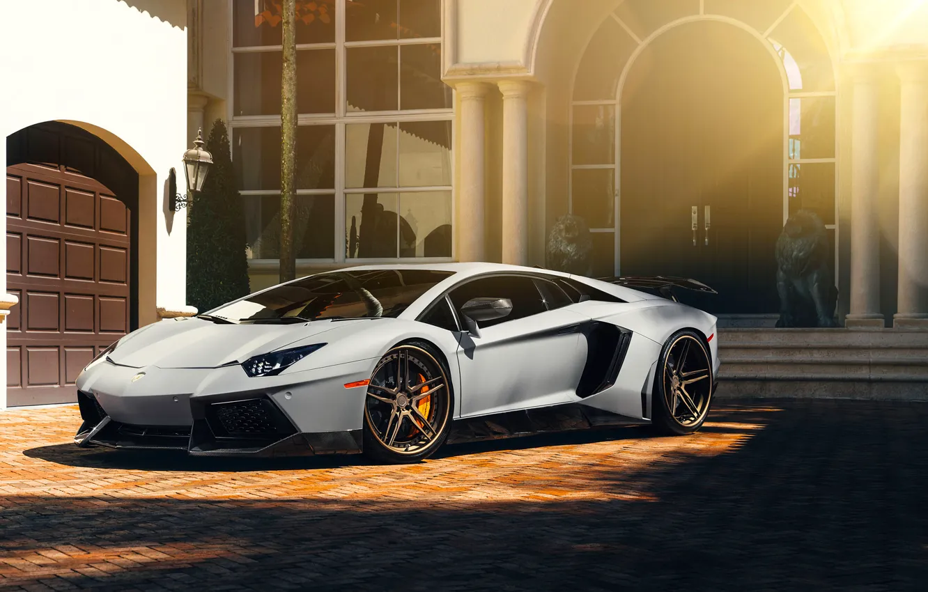 Фото обои Lamborghini, Front, Sun, White, Matte, Tuning, LP700-4, Aventador, Supercar, Wheels, Spoiler, ADV.1