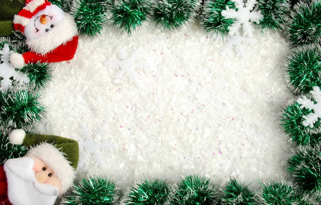 Фото обои снежинки, праздник, новый год, рождество, рамка, снеговик, christmas, new year, дед мороз, гирлянда, мишура
