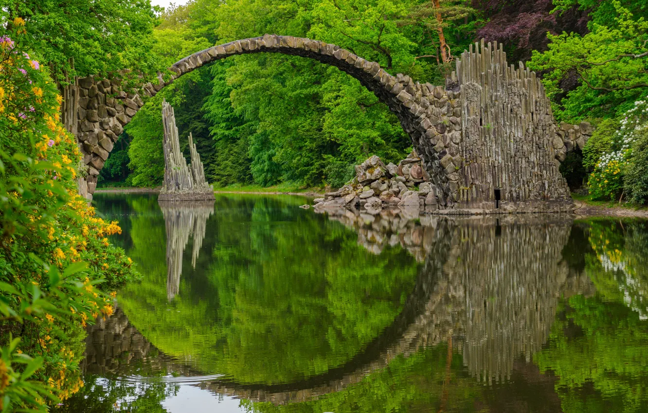 Фото обои мост, озеро, отражение, Германия, Germany, Саксония, Saxony, Rako...