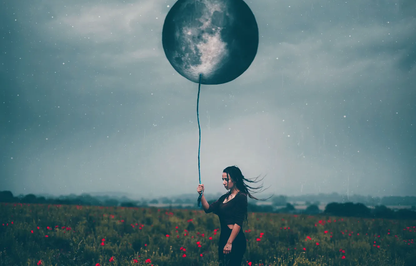 Фото обои девушка, луна, шар, маки, звёзды, Amy Spanos