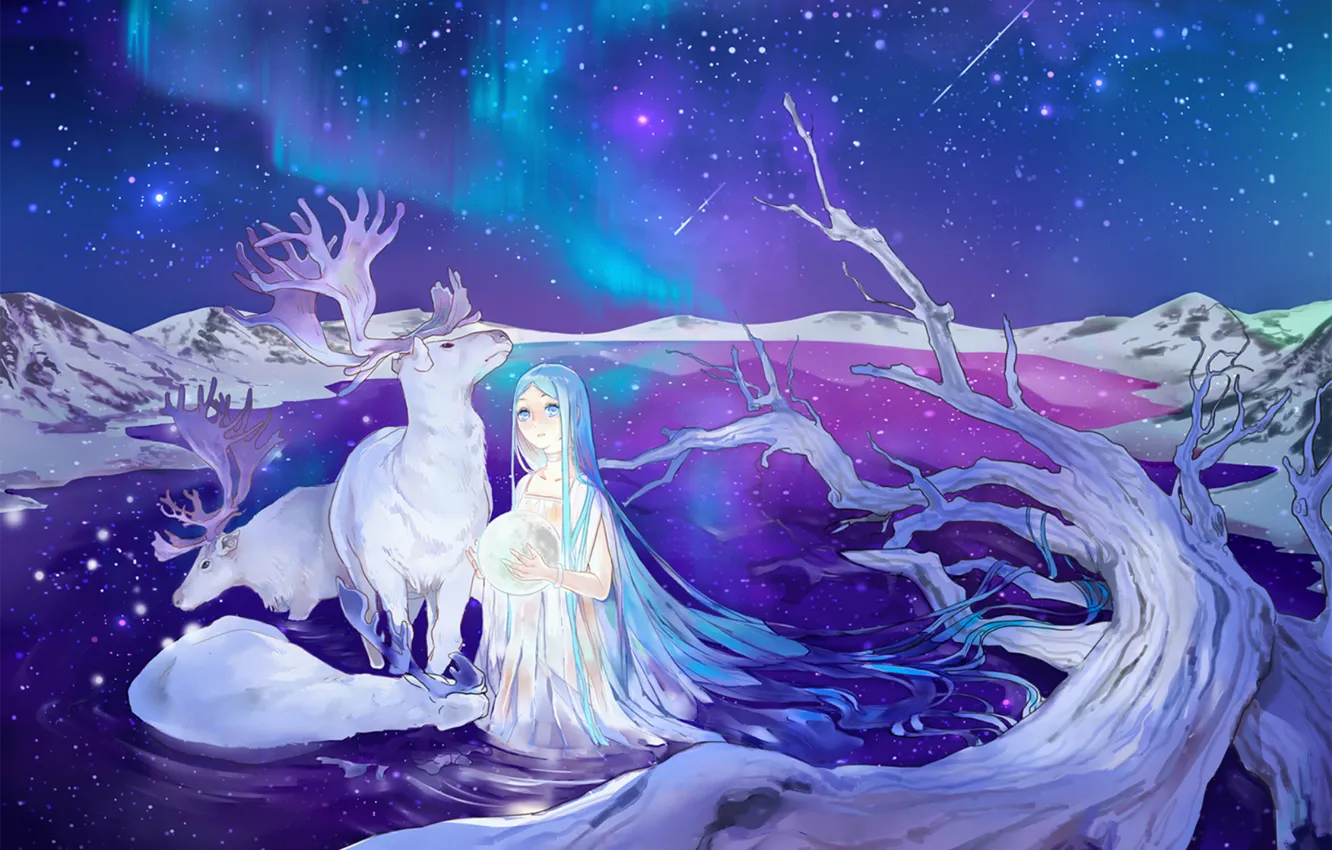Фото обои звезды, ночь, озеро, северное сияние, олени, Hatsune Miku, Vocaloid, голубые волосы