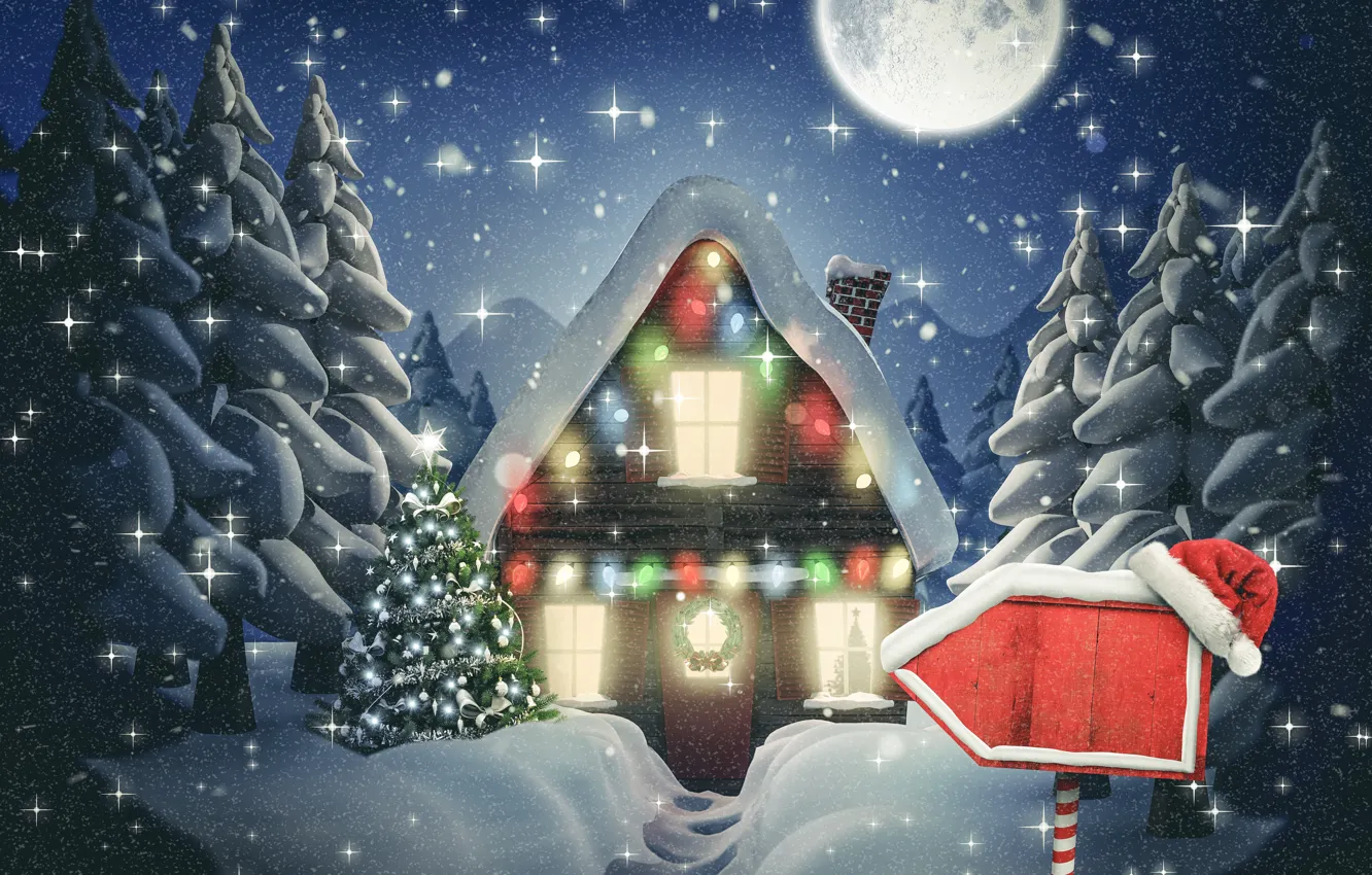 Фото обои зима, снег, Новый Год, Рождество, хижина, Christmas, night, winter, snow, Merry