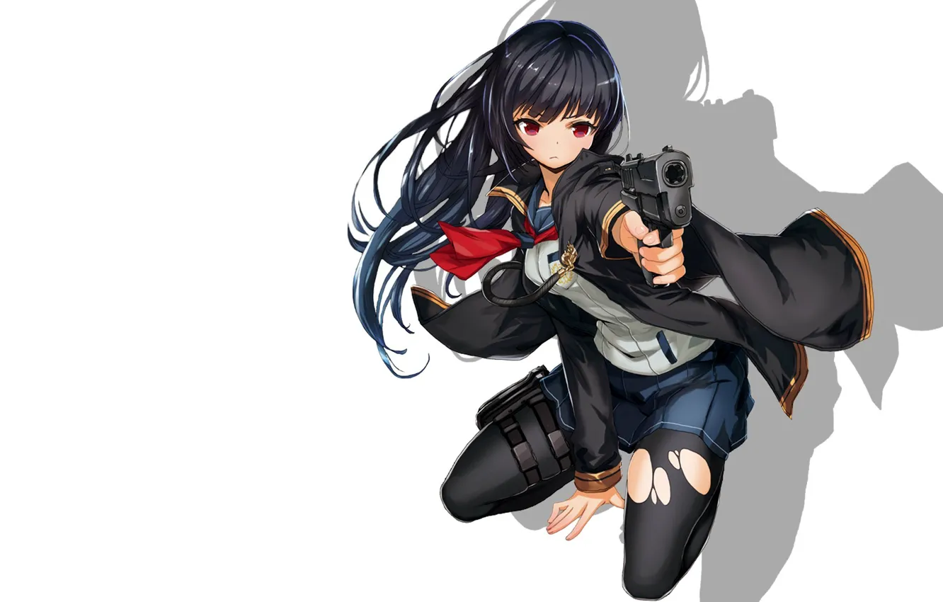 Фото обои девушка, пистолет, оружие, арт, белый фон, матроска, saitom
