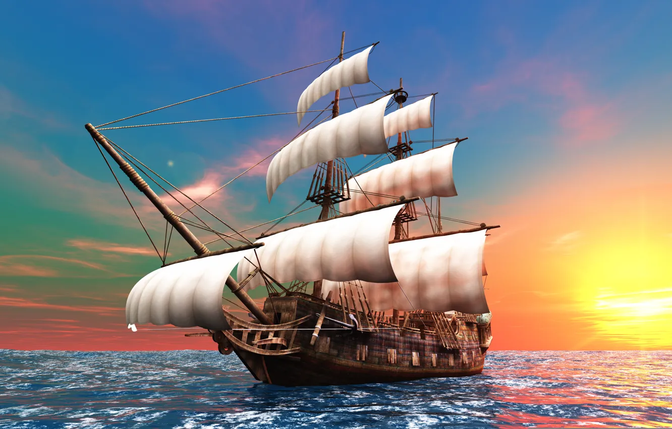 Фото обои солнце, океан, рассвет, графика, корабль, парусник, паруса, бриг, мачты, бушприт