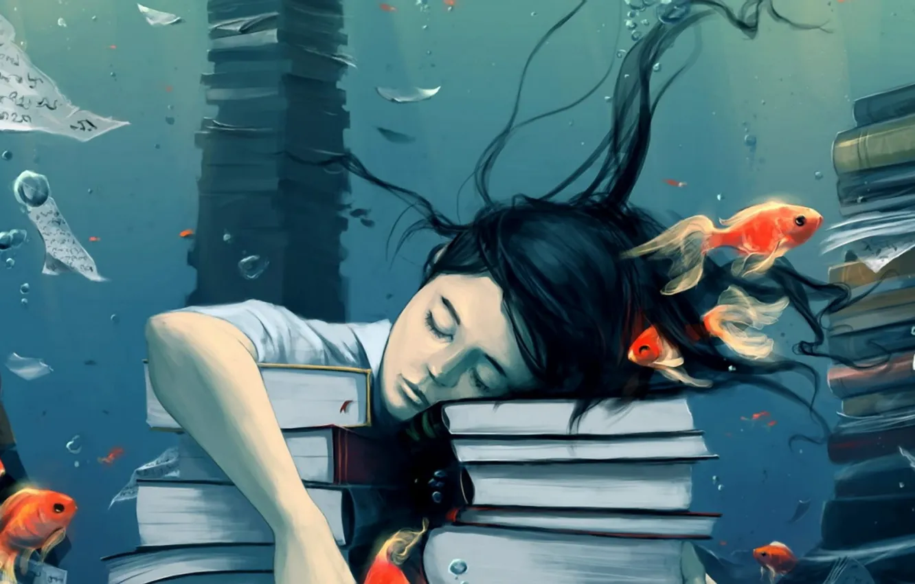 Фото обои вода, рыбки, мечты, пузыри, спокойствие, учеба, книги, сон, Девушка