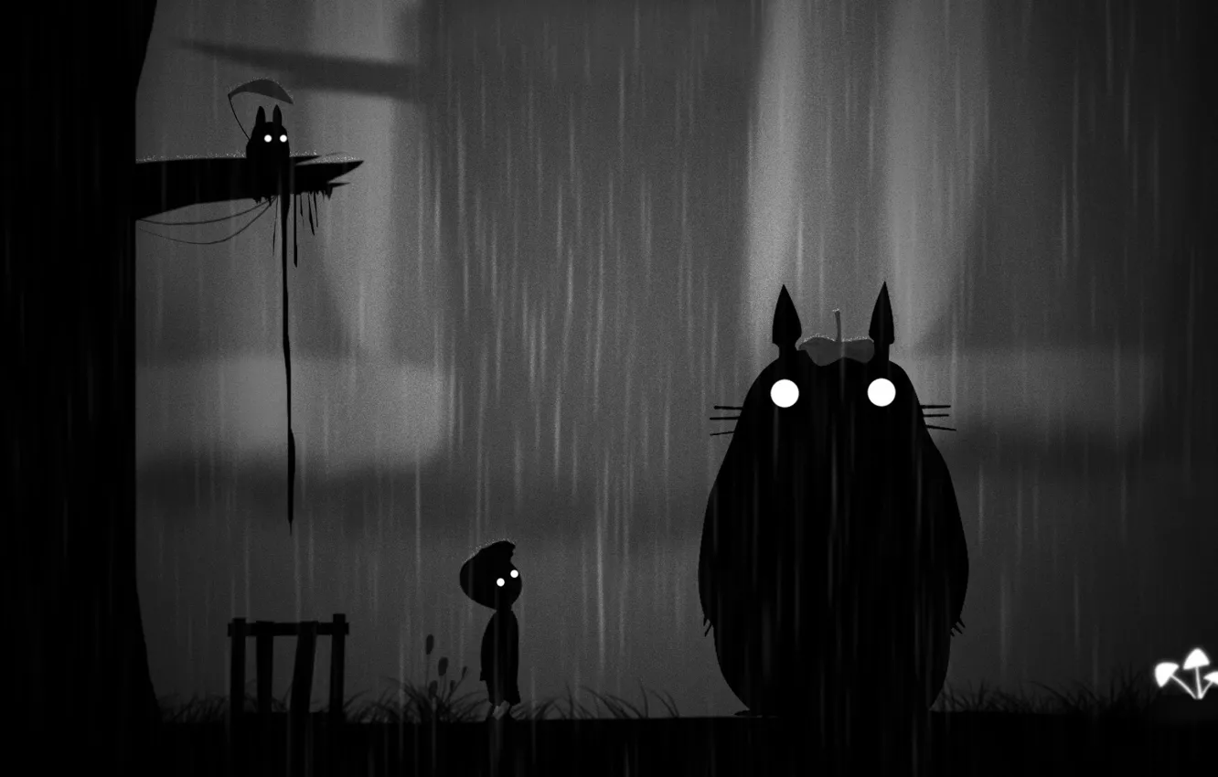 Фото обои ночь, дождь, арт, Тоторо, Limbo. мальчик