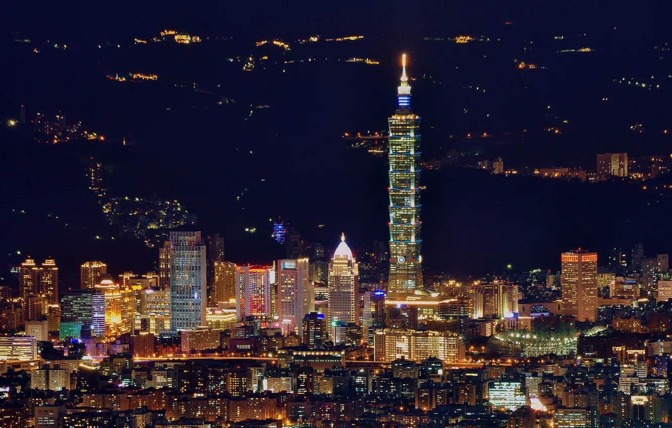 Фото обои China, панорама, Китай, Тайвань, ночной город, Тайбэй, Taiwan, Taipei