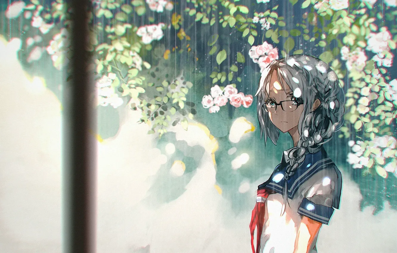 Фото обои девушка, цветы, дождь, аниме, арт, очки, форма, школьница, 5esrs