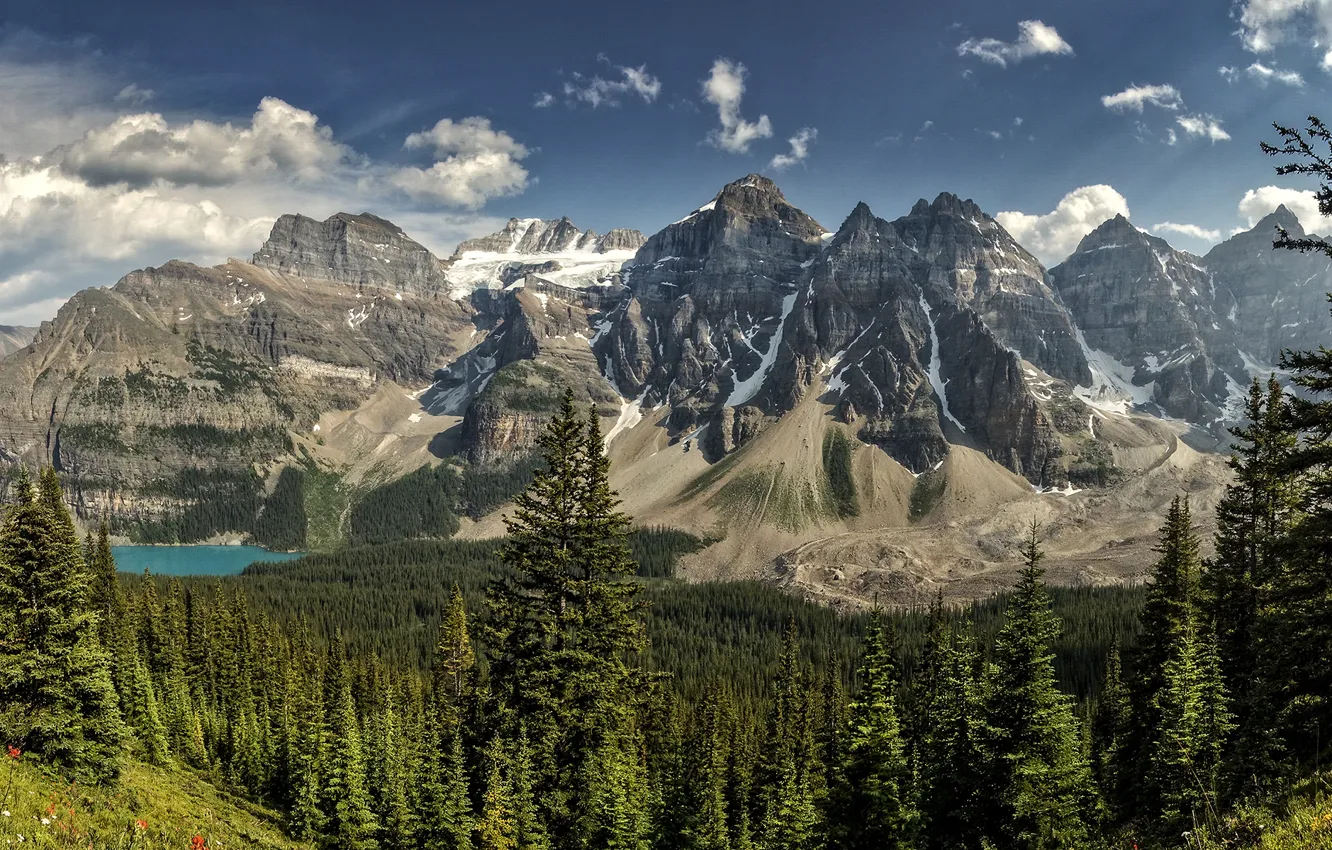 Фото обои лес, горы, озеро, панорама, Banff National Park, Alberta, Canada, Moraine Lake, Valley of the Ten …