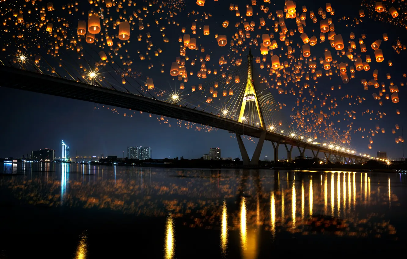 Фото обои ночь, мост, city, город, lights, огни, отражение, река, river, br...