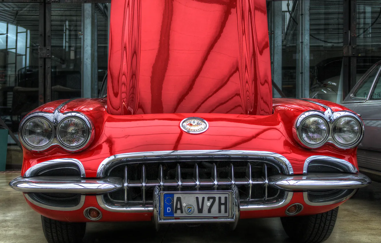 Фото обои car, красный, фары, капот, решетка, hdr, red, corvette, бампер