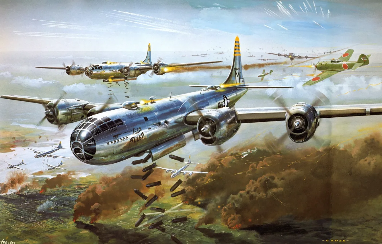 Фото обои Япония, истребитель, Boeing, бомбардировщик, Арт, Superfortress, американский, стратегический, японский, бомбардировка, четырёхмоторный, Nakajima, поршневой, одномоторный, B-29, …